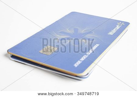 Vidalia, Georgia / Usa - June 29, 2019: A Close-up Studio Shot Of The Walmart Credit Card Set On A P