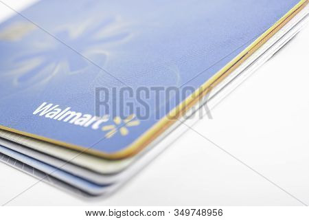 Vidalia, Georgia / Usa - June 29, 2019: A Close-up Studio Shot Of The Walmart Credit Card Set On A P