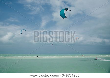 Mexico, Island Holbox - February 2020 Kite Surfing At Holbox Island In The Caribbean Sea