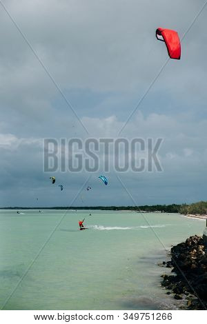 Mexico, Island Holbox - February 2020 Kite Surfing At Holbox Island In The Caribbean Sea