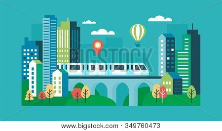 City Concept With Modern Buildings And Railway Train. Minimal Cityscape Scene With Skytrain. Flat Ca