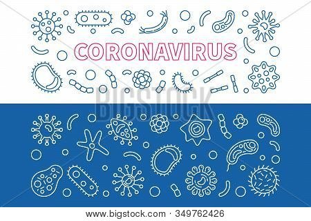 Coronavirus Vector Outline Horizontal Banners Set. Virus In China Concept Linear Illustration