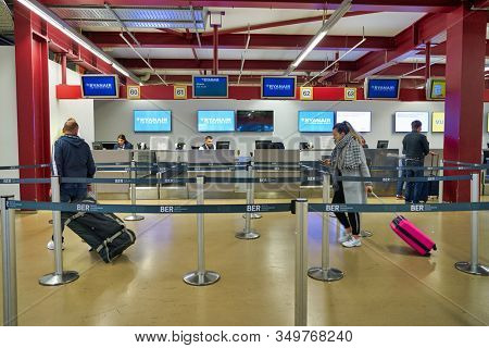 BERLIN, GERMANY - CIRCA SEPTEMBER, 2019: interior shot of check-in area in Berlin-Tegel Airport.