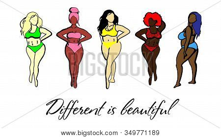 Women With Different Skin Colors. Afroamer Ikan, European, Asian, Scandinavian. Body Positive Concep