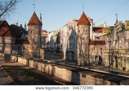 Tallinn, Estonia - February 06 2020: Twin Towers Of Viru Gate At The Entrance To The Old Town Of Tal