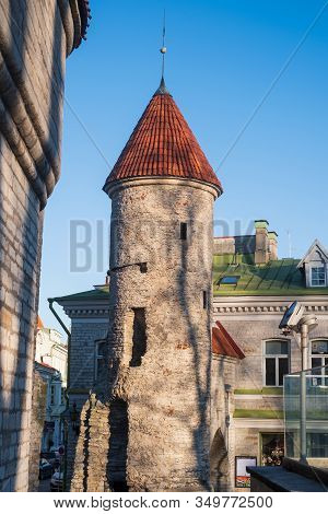 Tallinn, Estonia - February 06 2020: Twin Towers Of Viru Gate At The Entrance To The Old Town Of Tal