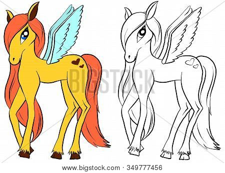 Vector Isolated Pony. Coloring Of Pony. Colored Pink Cartoon Horse. Coloring And Colorful Pony.
