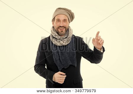 Get Ready For Frosty Days. Mature Fashion Model Enjoy Cold Weather. Bearded Man Accessorizing Outfit