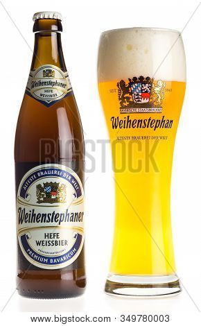 Groningen, Netherlands - February 06, 2020: Bottle And Glass Of German Weihenstephaner Wheat Beer Is