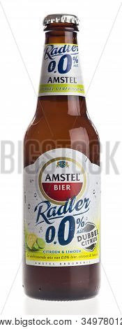 Groningen, Netherlands - February 07, 2020: Bottle Of Amstel Radler Non Alcoholic Lemon And Lime Bee