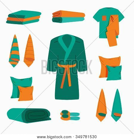 Set Vector Hygiene Objects Clothing Softness Blanket Hanging Towels. Home Textiles. Cotton Towels An