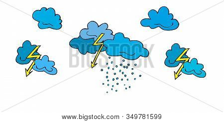 Set Lightning, Clouds, Bad Weather, Thunderclouds And Raindrops Hand Drawn In Cartoon Style. Vector 