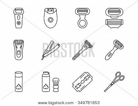 Shaving Razors Line Icon Set. Womens And Mens Razors, Epilator, Brush, Cartridges. Equipment For Bar