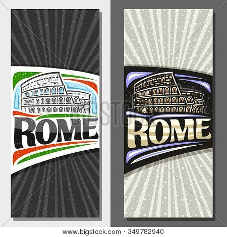 Vector Layouts For Rome With Copy Space, Decorative Leaflets With Illustration Of Black And White An