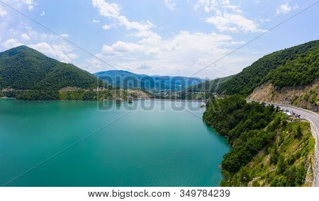 Mountains And Lake, Dam In The Mountains. Zhinvali Water Reservoir. Zhinvali Dam.