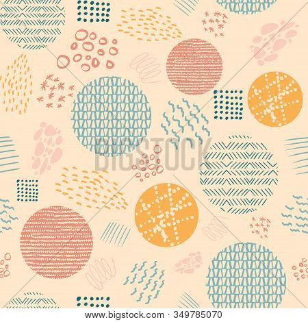Abstract Artistic Seamless Repeat Pattern With Hand Drawn Textures. Modern Design With Geometric Ele