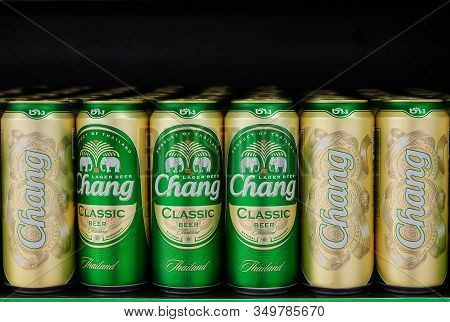 Bangkok - April 07,2019: View Of Chang Beer Can  On Display In A Supermarket On  April 07,2019 In Ba