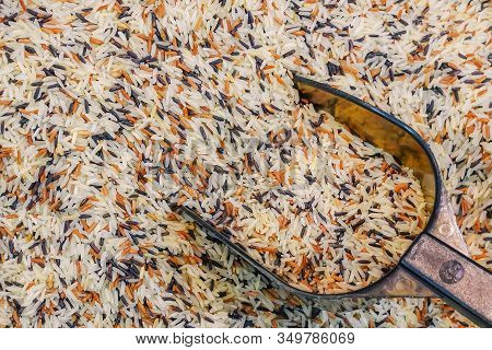 White Parboiled Rice & Red Fried Rice Pattern Background And Spoon. Healthy Diet, Vegetarian Asian J
