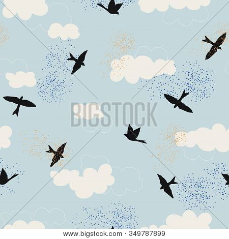 Black Birds Silhouette And White Clouds With Blue Sky. Seamless Repeat Pattern For Wallpaper, Backgr