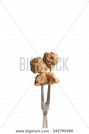 Alternative Meat. Soymeat On Fork, Isolated On White Backgrounf, Free Space