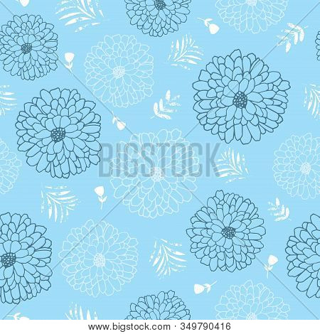 Blue And White Flowers Seamless Repeat Pattern. Perfect For Backgrounds, Wallpaper, Textile Design A