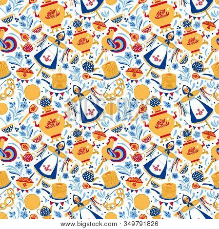 Shrovetide Illustration. Russian Inscription Maslenitsa Wide Maslenitsa Seamless Pattern. Great Russ