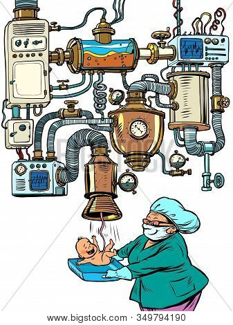 Midwife And Newborn, Maternity Hospital Concept, Artificial Pregnancy. Machine Conveyor Complex Appa