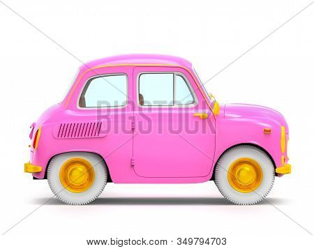 Small And Cute Cartoon Bunchy Retro Car, Side View, Isolated On White Background. 3d Illustration