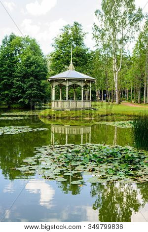 Sightseeing Of Narva. City Park. Beautiful Landscape - A Picturesque Pond With Gazebo, Narva-joesuu,