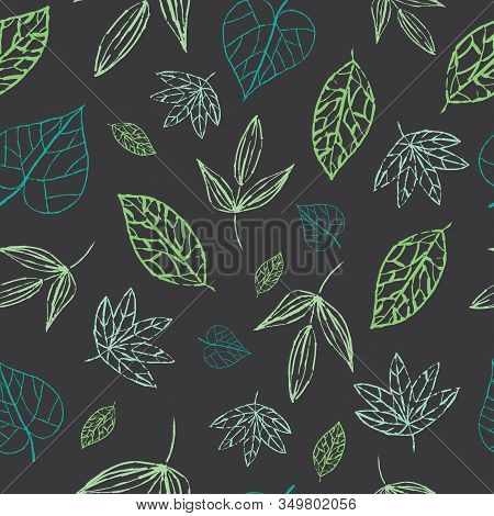 Green, Grey Seamless Floral Pattern. Beautiful Leaves Repeat Background. Elegant Fabric On Dark Back