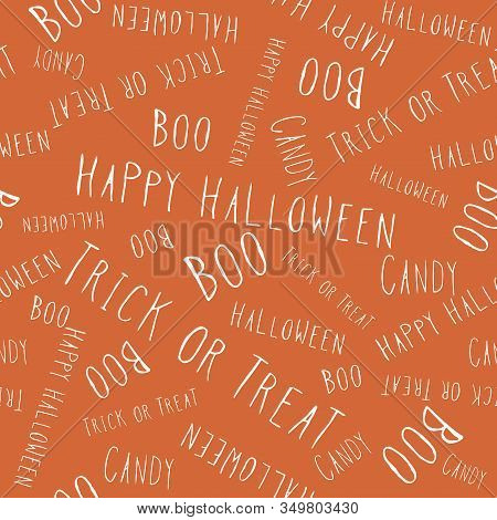 Halloween Hand Lettering. Handwritten Seamless Repeat Pattern White On Orange Background. Background