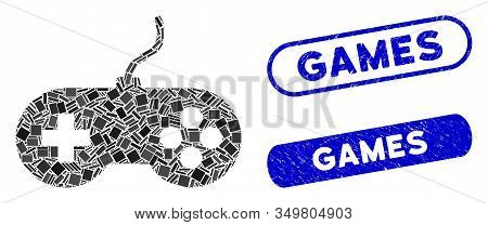Mosaic Video Games Icon And Red Rounded Rubber Stamp Seal With Games Phrase And Coronavirus Symbol. 