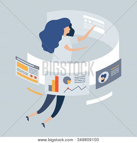 Vector Business Illustration, Girl Designer Freelancer Develops Business Application Online Onlain P