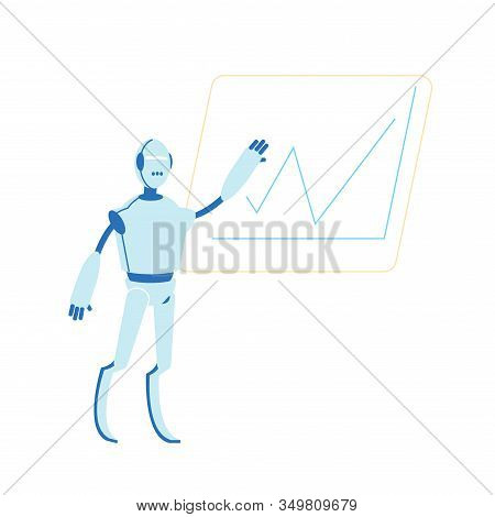 Robot Working In Office Writing On Board With Rising Chart. Futuristic Technology, Smart Device Auto