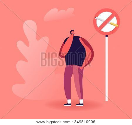 Man Close His Nose Near Prohibited Sign With Cigarette. Passive Second Hand Smoking In Public Place 