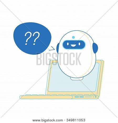 Robot With Question Marks Near Laptop Ready To Help Customer, Ai Chatbot Faq Support, Online Consult
