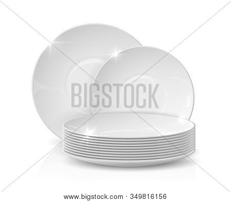 Realistic Dishes. Stack Of Plates And Bowls, 3d White Ceramic Crockery, Dishware Mockup Isolated On 