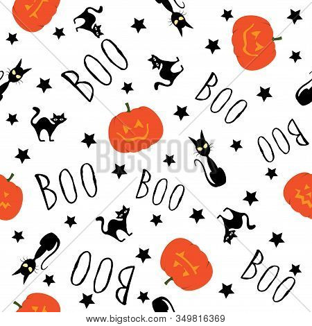 Halloween Pumpkins, Cats And Stars Seamless Repeat Pattern. Funny Faces Halloween Pumpkins. Autumn H