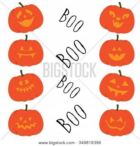 Set Of Halloween Pumpkins. Collection Of Funny Faces Halloween Pumpkins. Autumn Holidays October. Ve