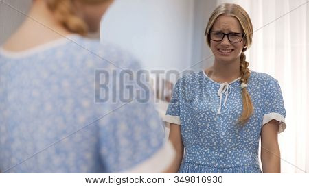 Insecure Girl Crying Of Teenage Problems Near Mirror, Lack Of Self-confidence