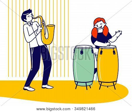 Girl Drummer And Boy Saxophone Player Playing Musical Composition Training Before Jazz Performance O