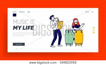 Talented Children Artists Study In Musical School Website Landing Page. Girl Drummer And Boy Saxopho