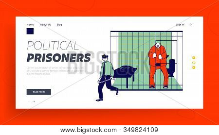 Prisoner In Prison Jail Website Landing Page. Policeman With Stick Passing By Arrested Man In Orange