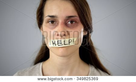 Help Tape On Womans Mouth, Silent Request For Help And Protection, Tyranny
