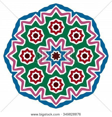 Ceramic Tile Pattern. Decorative Round Ornament. White Background With Art Frame. Islamic, Indian, A