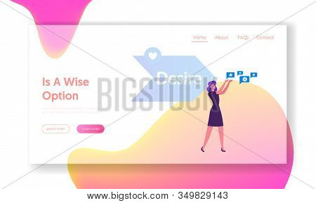 Step Aida Model Website Landing Page. Woman Holding Social Media Icons Front Of Arrow With Desire Ty