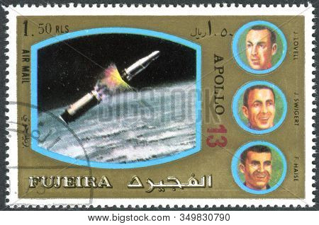 Fujeira - Circa 1972: A Stamp Printed In Fujeira, Issued To The Apollo Program, Depicted Crew Of Apo