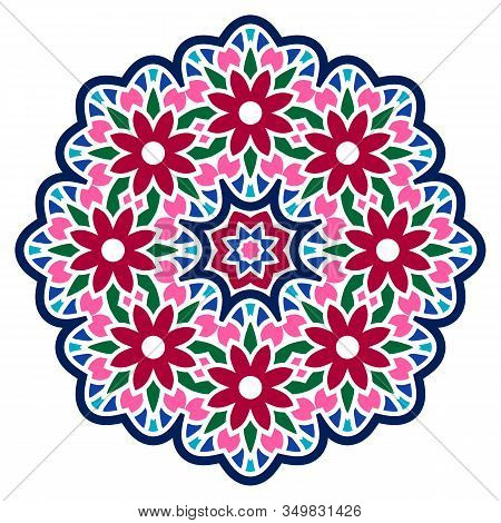 Ceramic Tile Pattern. Decorative Round Ornament. White Background With Art Frame. Islamic, Indian, A