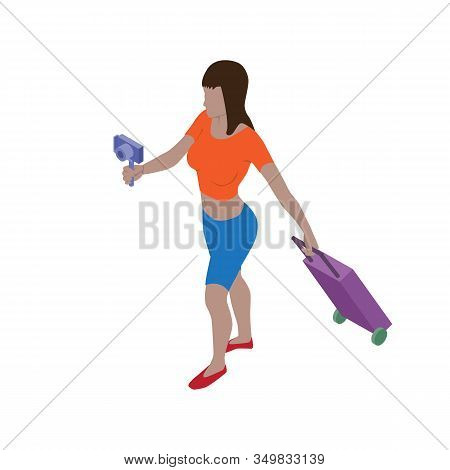Girl Blogger With Suitcase Shoots Video On Camera. Isometric View. Traveler Woman Makes Vlog Content
