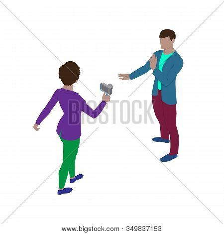 Woman Video Blogger Shoots A Man On Camera. Isometric View. A Man Gives An Interview To A Journalist